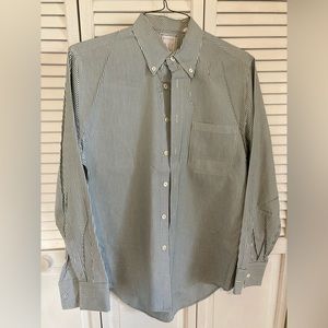 Green striped Billy Reid button down shirt.